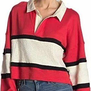 Free People Party Polo Sequin Cropped Sweatshirt Red White Black M